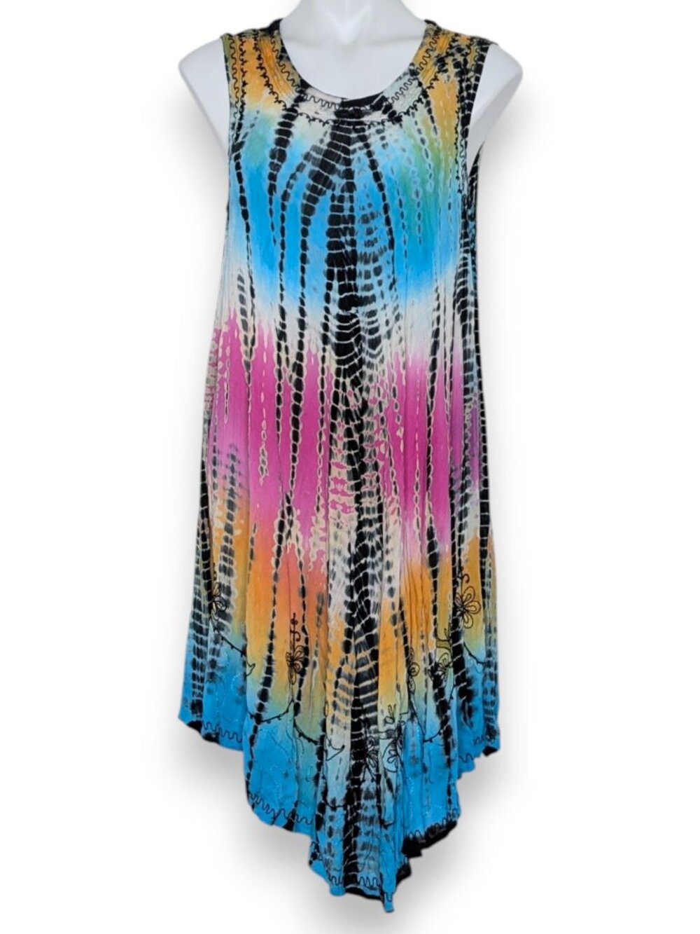 VTG Tie Dye Pink White Blue Boho Festival Beach Flowy Free Size Sleeveless Dress
